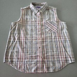 Erika & Co Womens Sleeveless Button Down Plaid Shirt Red Blue Tan Cream Size L